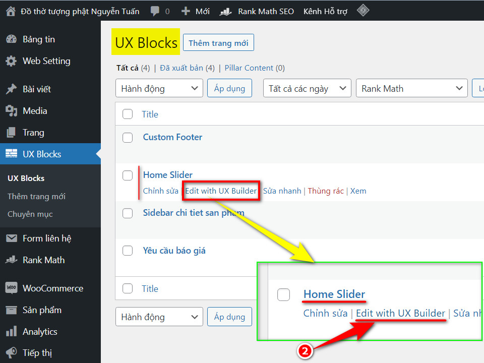 Di chuot Home Slider va nhap chon Edit with UX Builder
