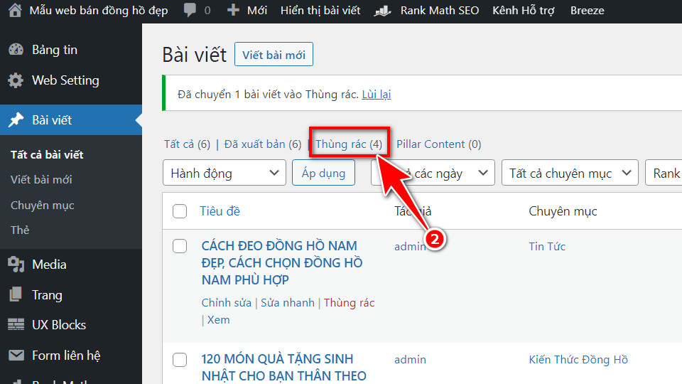 3.1 Chon muc Thung rac de quan ly toan bo bai viet muon xoa