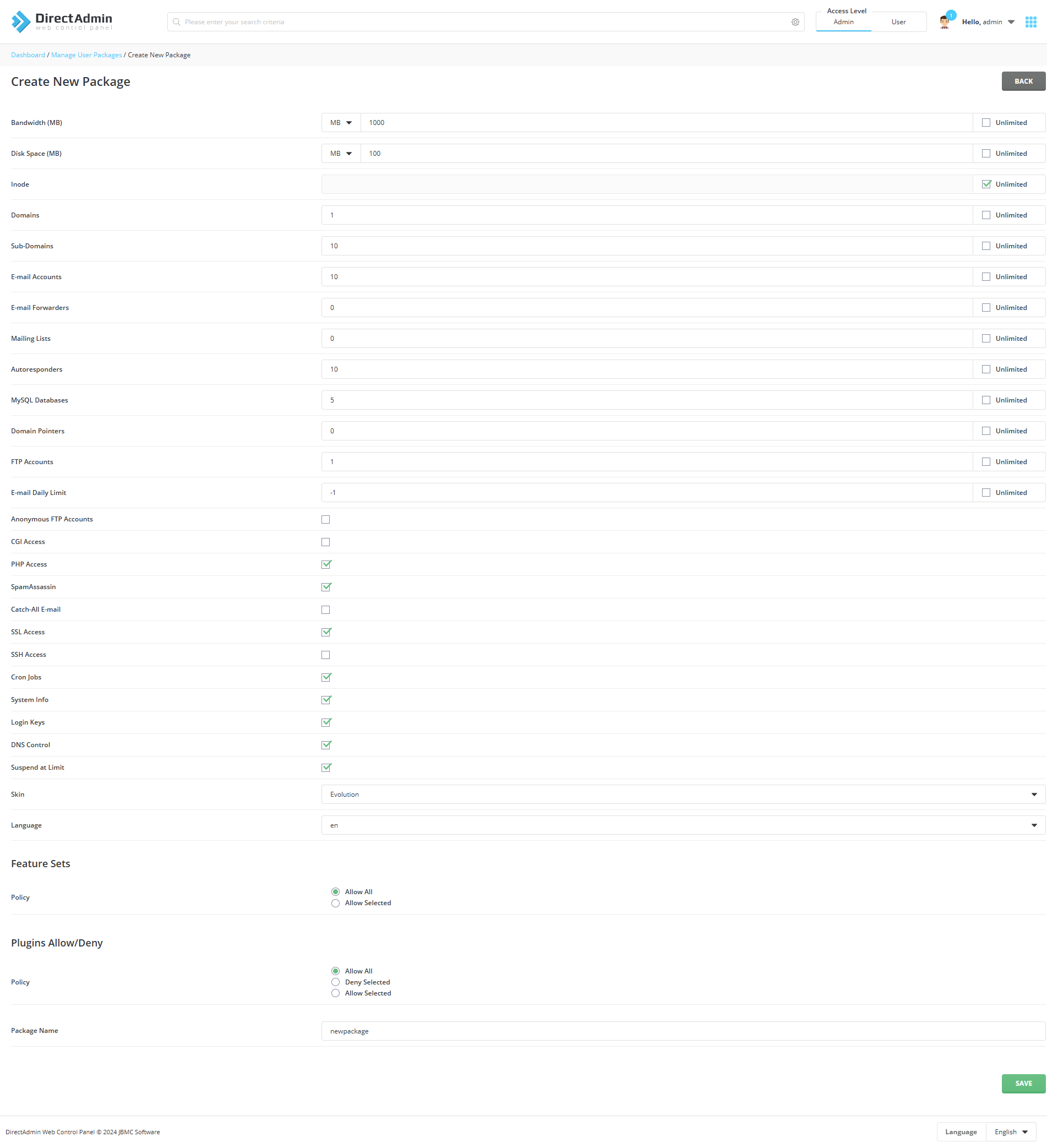 Tùy chọn thông số hosting