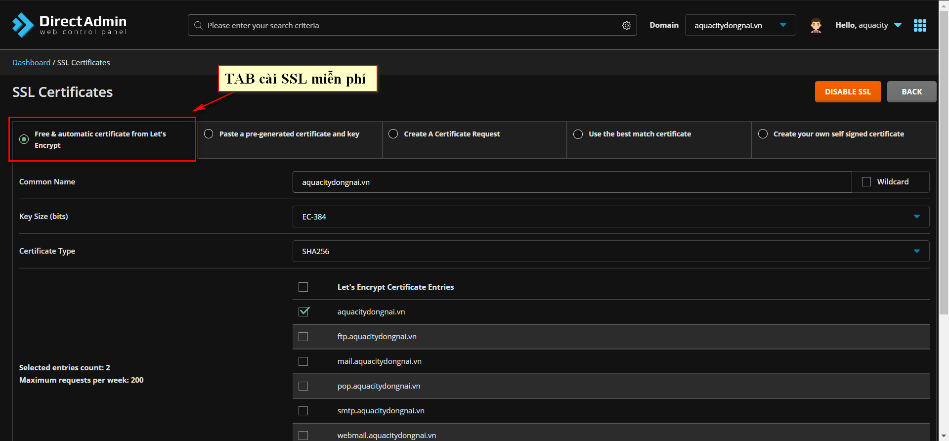 Cài đặt SSL trên hosting Directadmin