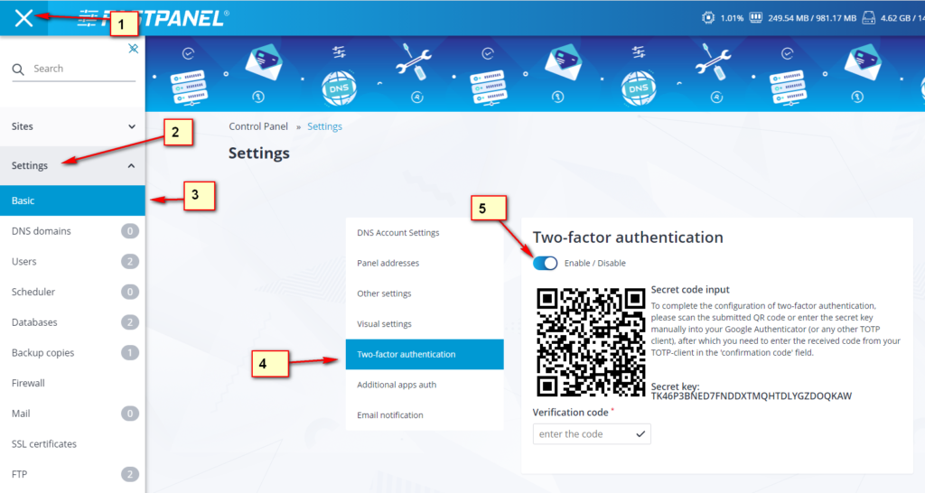 enable 2fa fastpanel