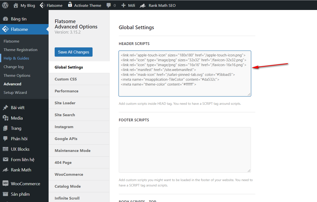 insert code to header