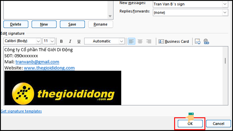 Hoàn tất việc tạo chữ ký Email tự động. ok 800x450 1