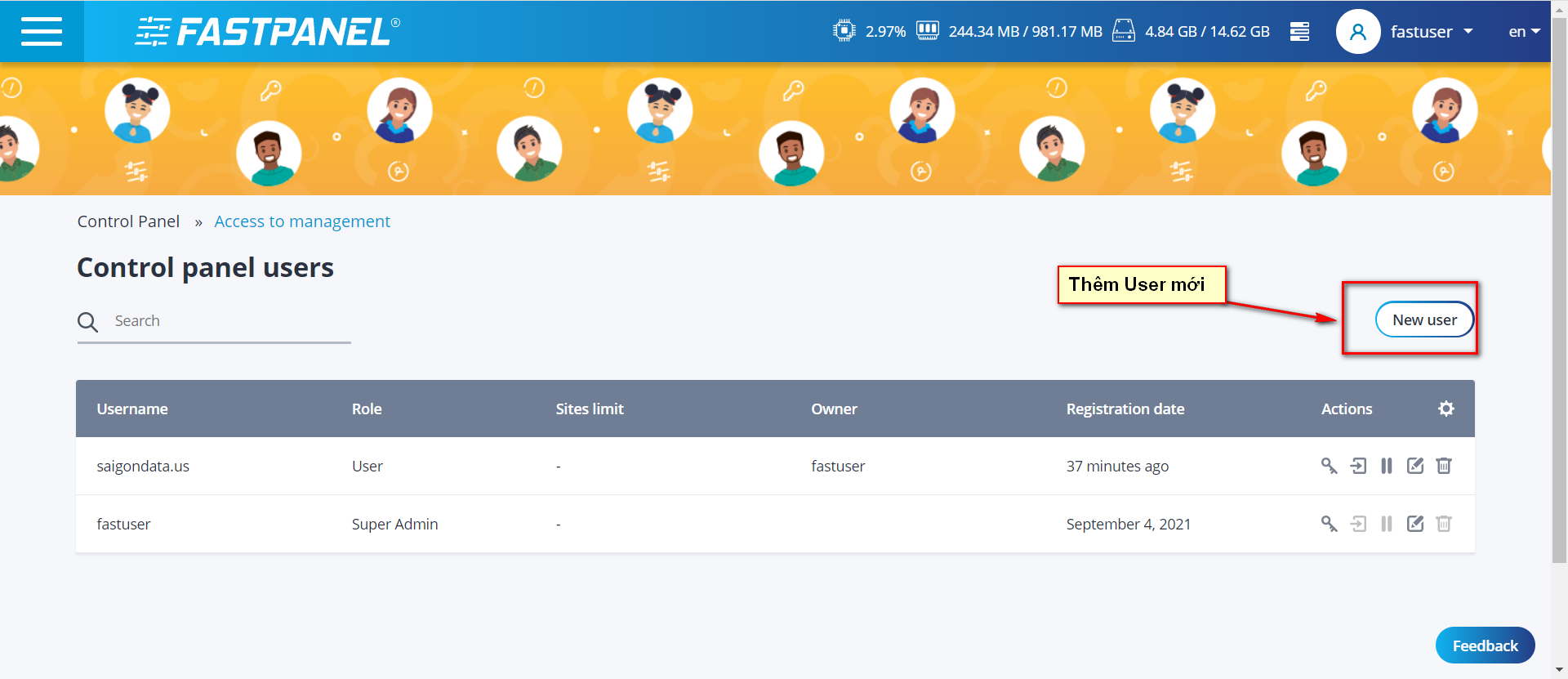 thêm user fastpanel