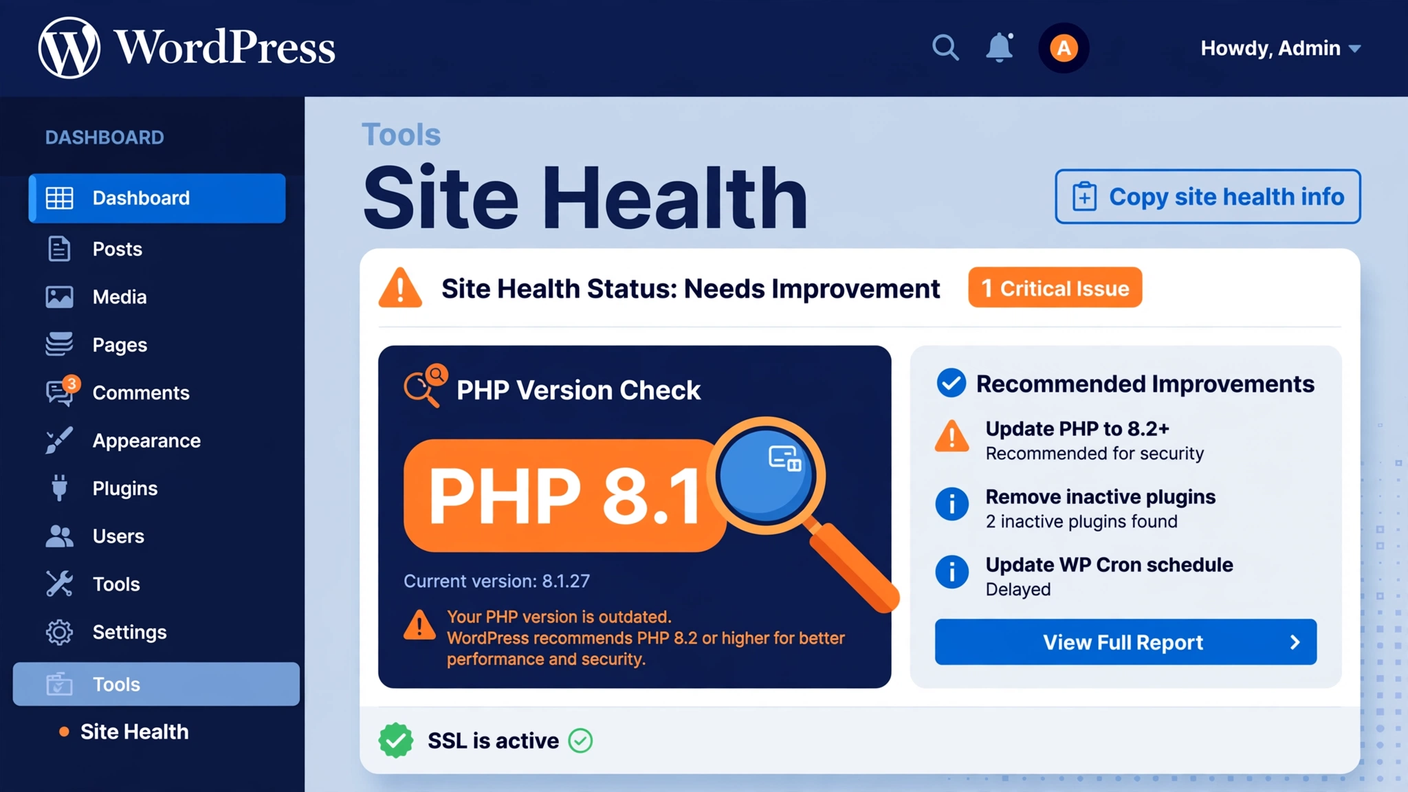 Kiểm tra phiên bản PHP trong WordPress Site Health